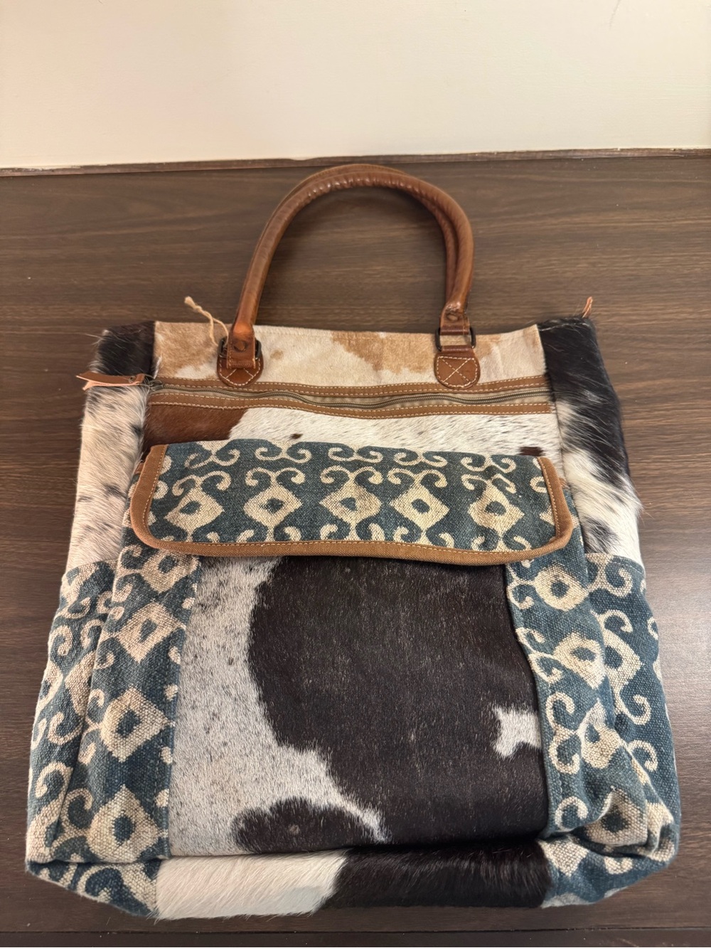 Boho Western Cowhide Patchwork Tote Bag Hair-on-Hide Leather Canvas Handbag